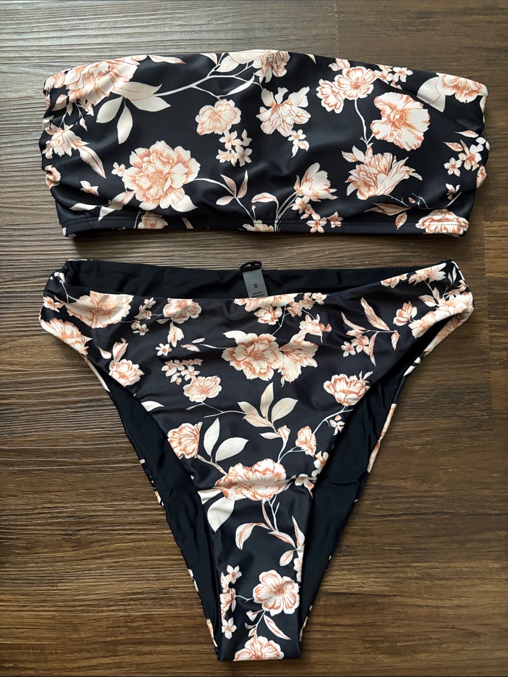 Floral Bandeau High Leg High Waisted Bikini Set in Black with Peach Blooms